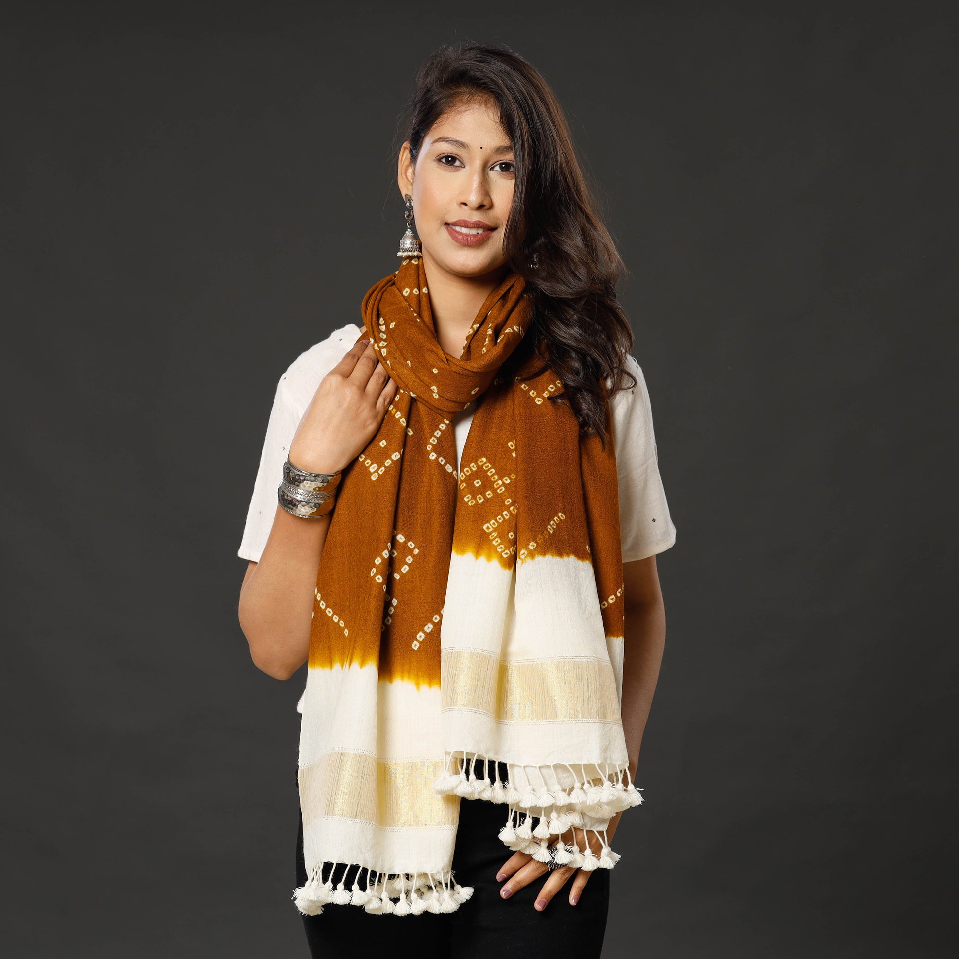 Brown - Kutch Handwoven Tie & dye Merino Wool Bandhani Stole