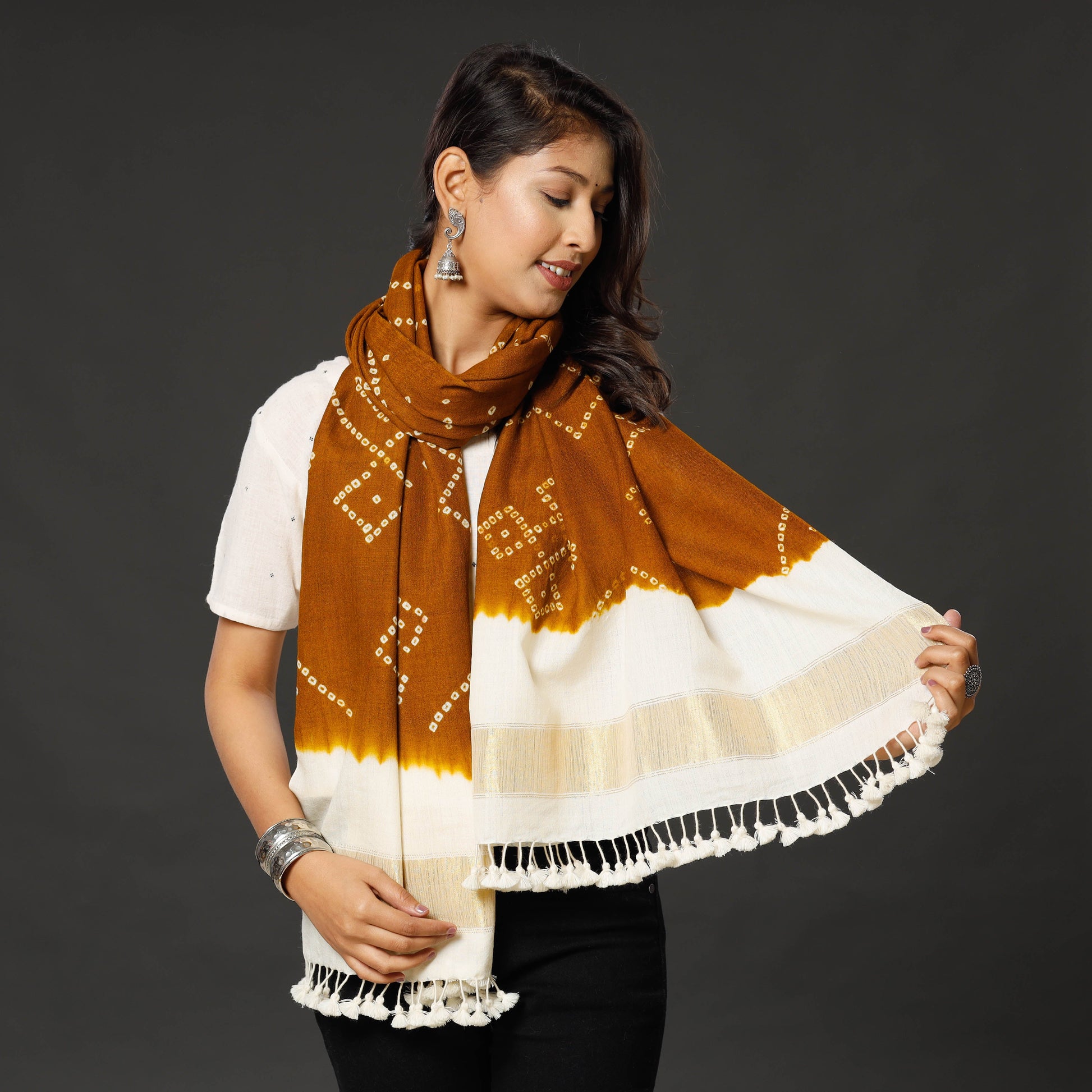 Brown - Kutch Handwoven Tie & dye Merino Wool Bandhani Stole