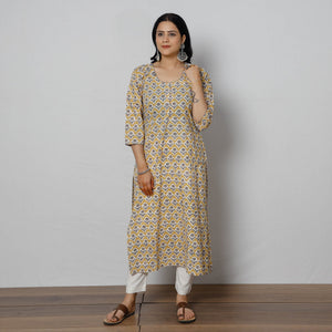Beige - Sanganeri Block Printed Cotton Long Straight Kurta