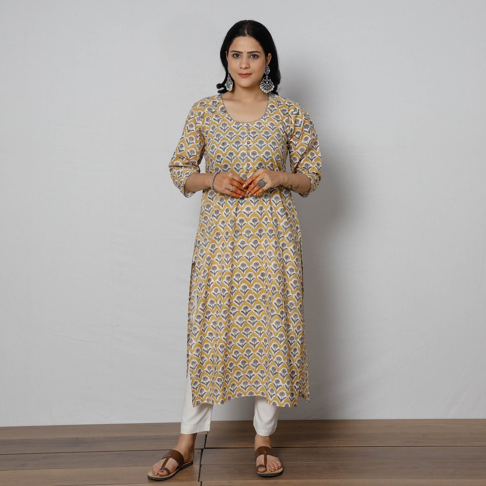 Beige - Sanganeri Block Printed Cotton Long Straight Kurta
