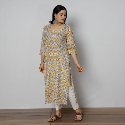 Beige - Sanganeri Block Printed Cotton Long Straight Kurta
