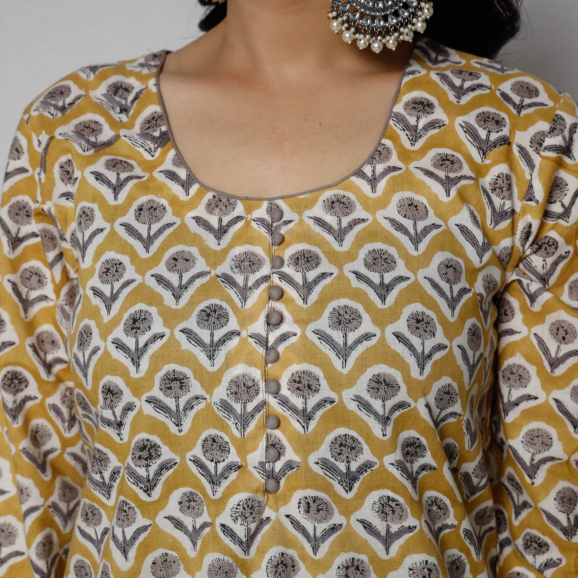 Beige - Sanganeri Block Printed Cotton Long Straight Kurta