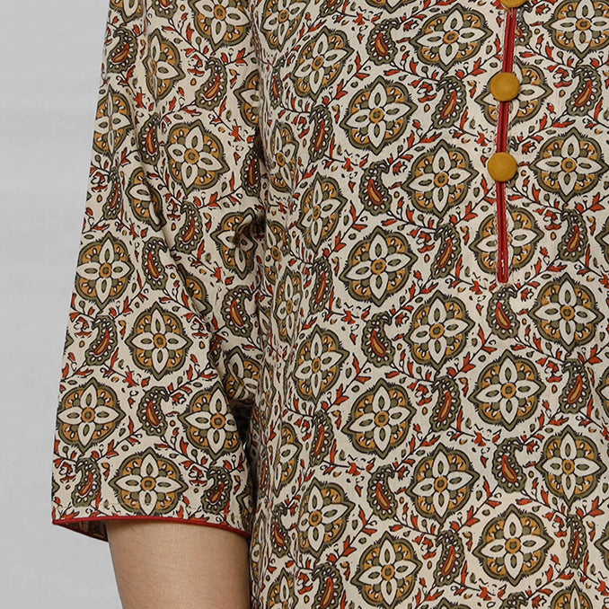 Brown - Sanganeri Block Printed Cotton Long Straight Kurta