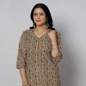 Brown - Sanganeri Block Printed Cotton Long Straight Kurta