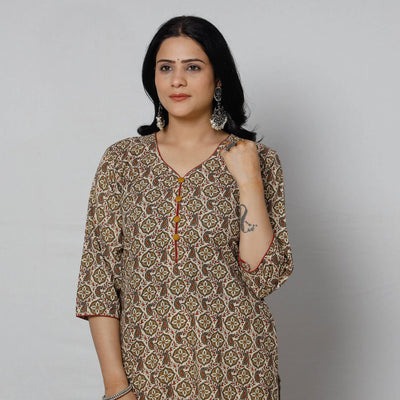 Brown - Sanganeri Block Printed Cotton Long Straight Kurta