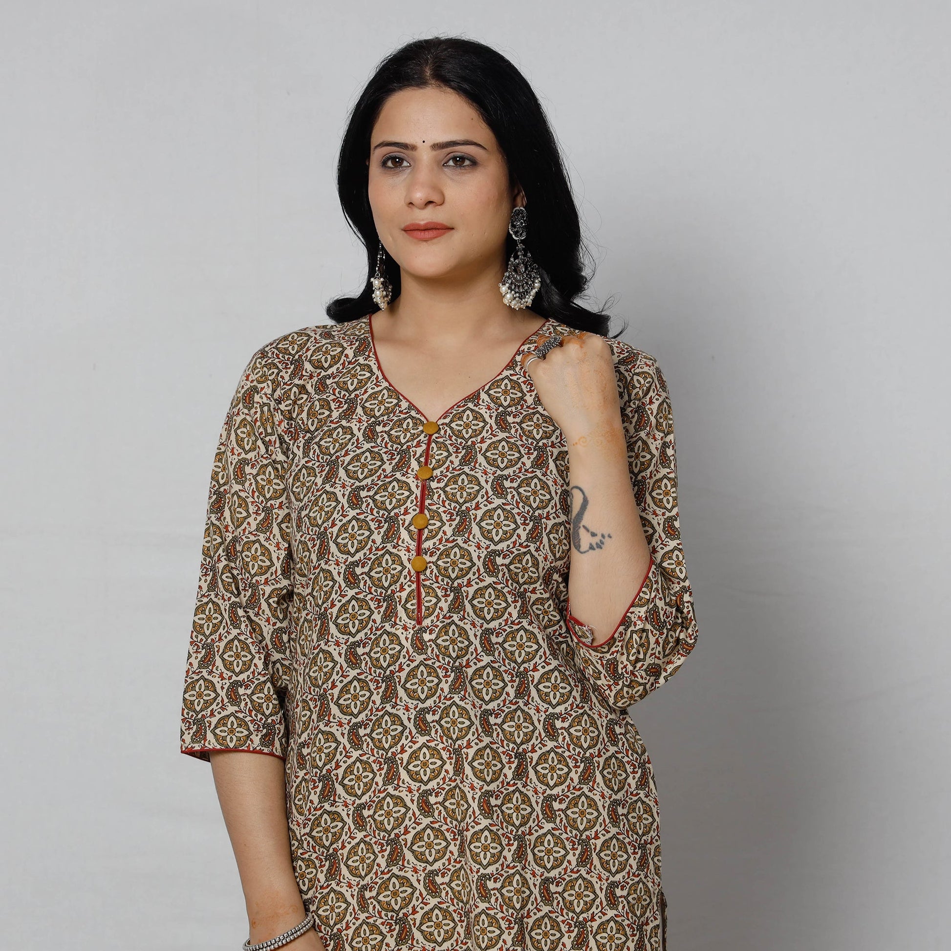 Brown - Sanganeri Block Printed Cotton Long Straight Kurta