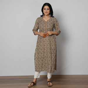 Brown - Sanganeri Block Printed Cotton Long Straight Kurta