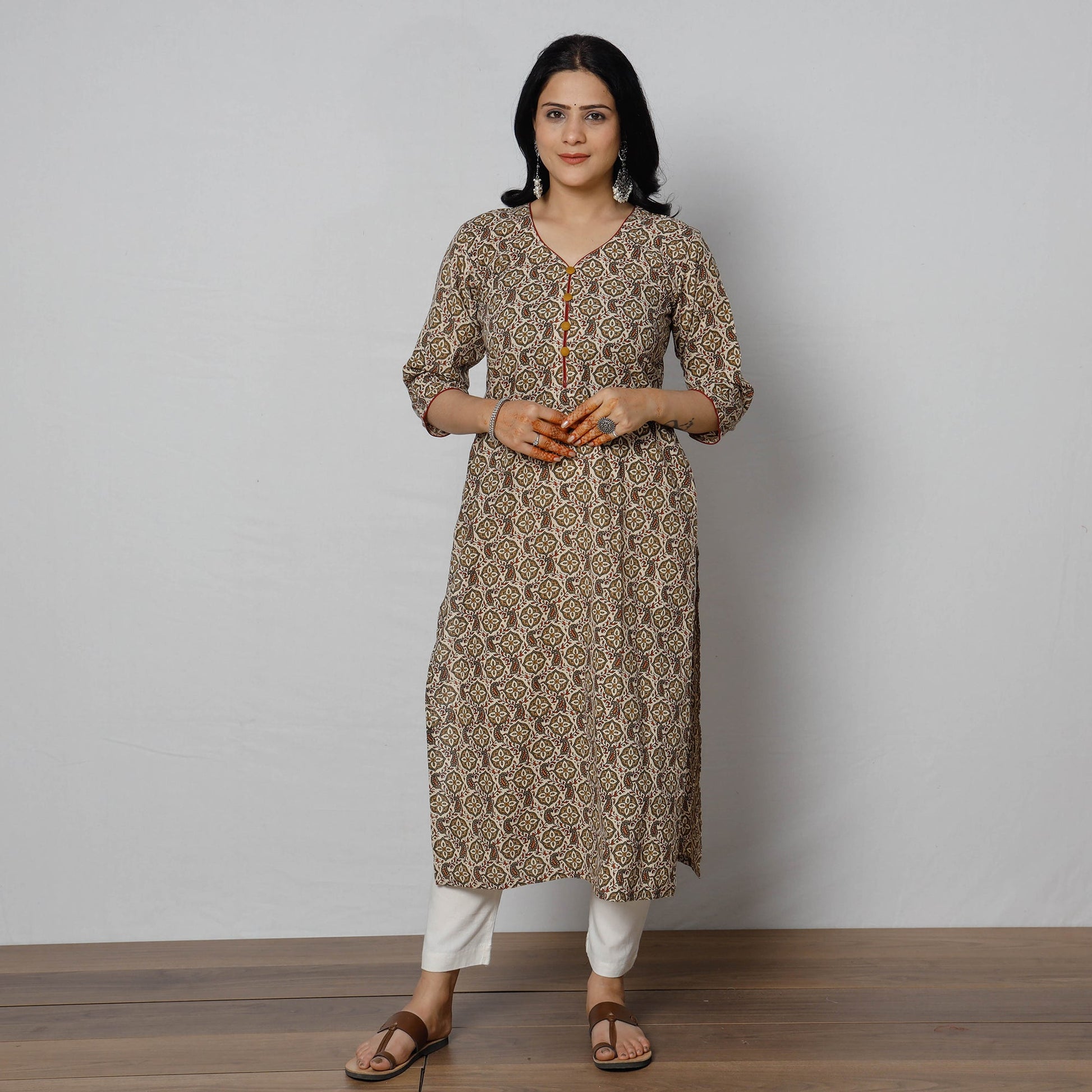 Brown - Sanganeri Block Printed Cotton Long Straight Kurta