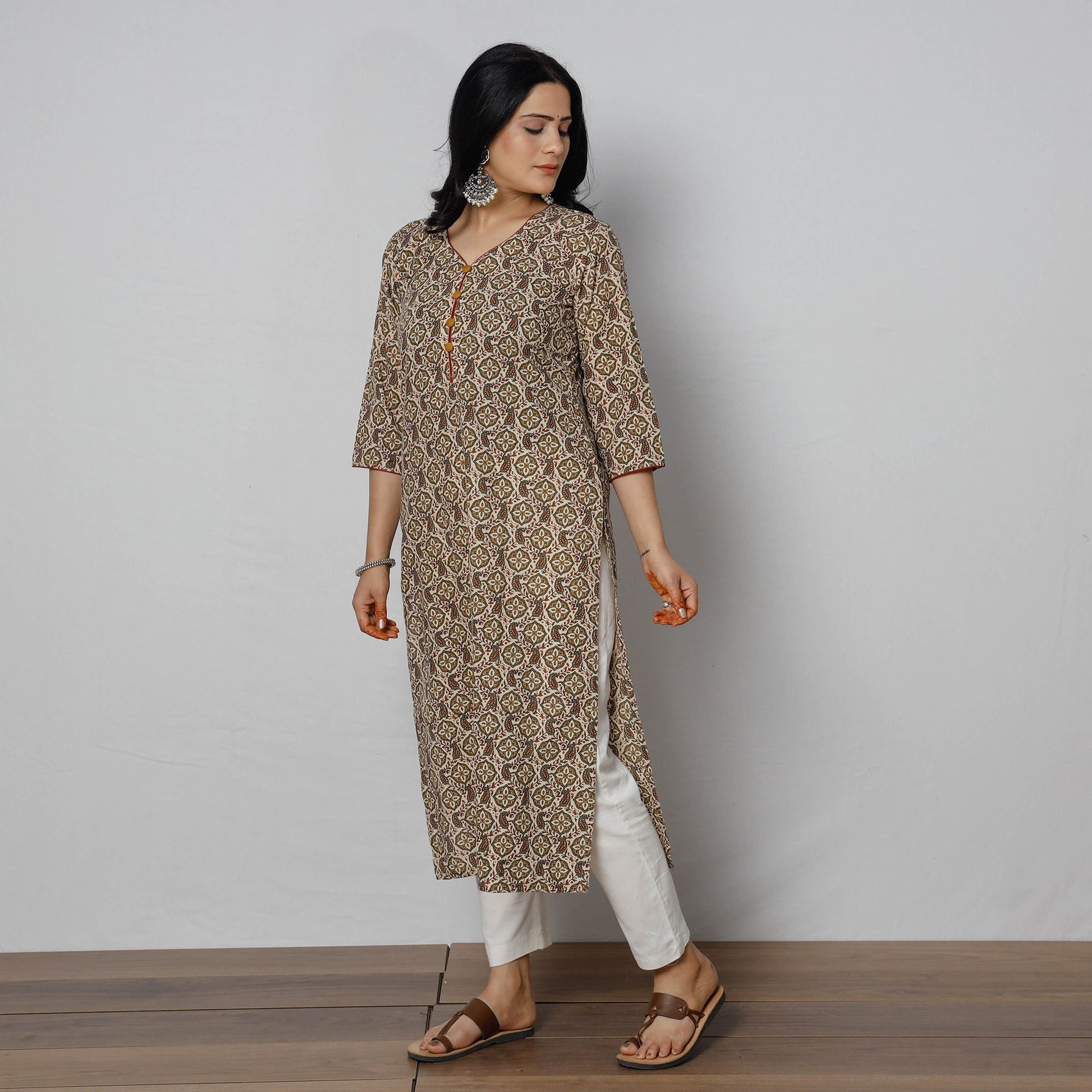 Brown - Sanganeri Block Printed Cotton Long Straight Kurta