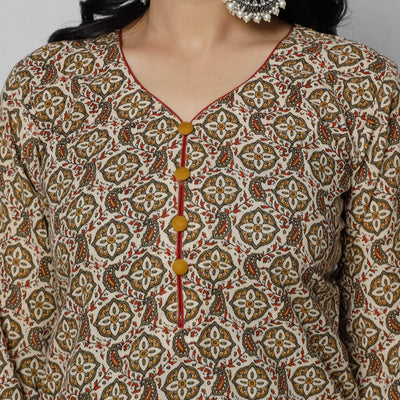 Brown - Sanganeri Block Printed Cotton Long Straight Kurta