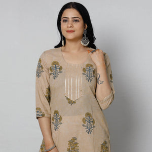 Beige - Sanganeri Block Printed Cotton Long Straight Kurta