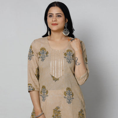 Beige - Sanganeri Block Printed Cotton Long Straight Kurta