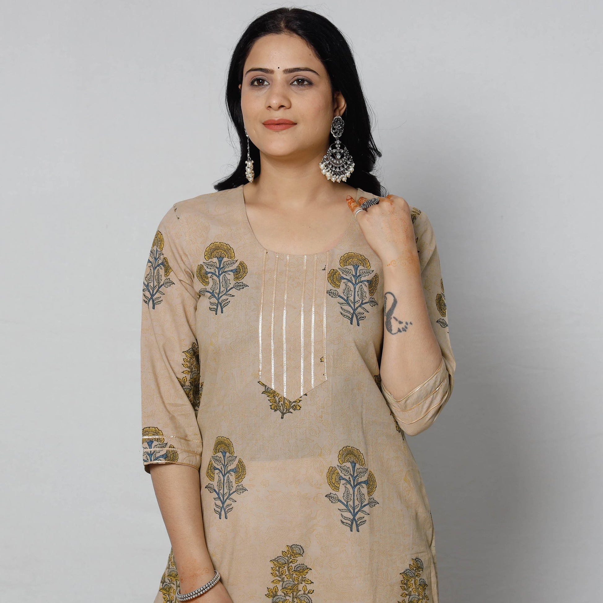 Beige - Sanganeri Block Printed Cotton Long Straight Kurta