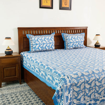 Blue - Block Print Cotton Double Sanganeri Bed Sheet