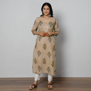 Beige - Sanganeri Block Printed Cotton Long Straight Kurta