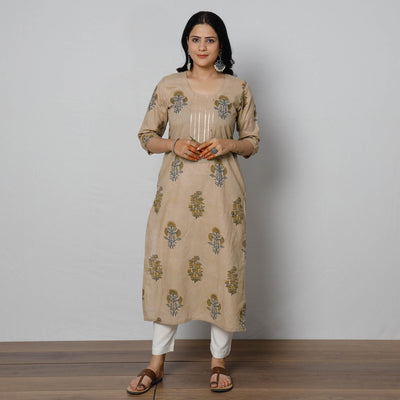 Beige - Sanganeri Block Printed Cotton Long Straight Kurta