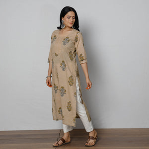 Beige - Sanganeri Block Printed Cotton Long Straight Kurta