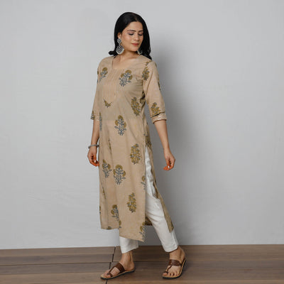 Beige - Sanganeri Block Printed Cotton Long Straight Kurta
