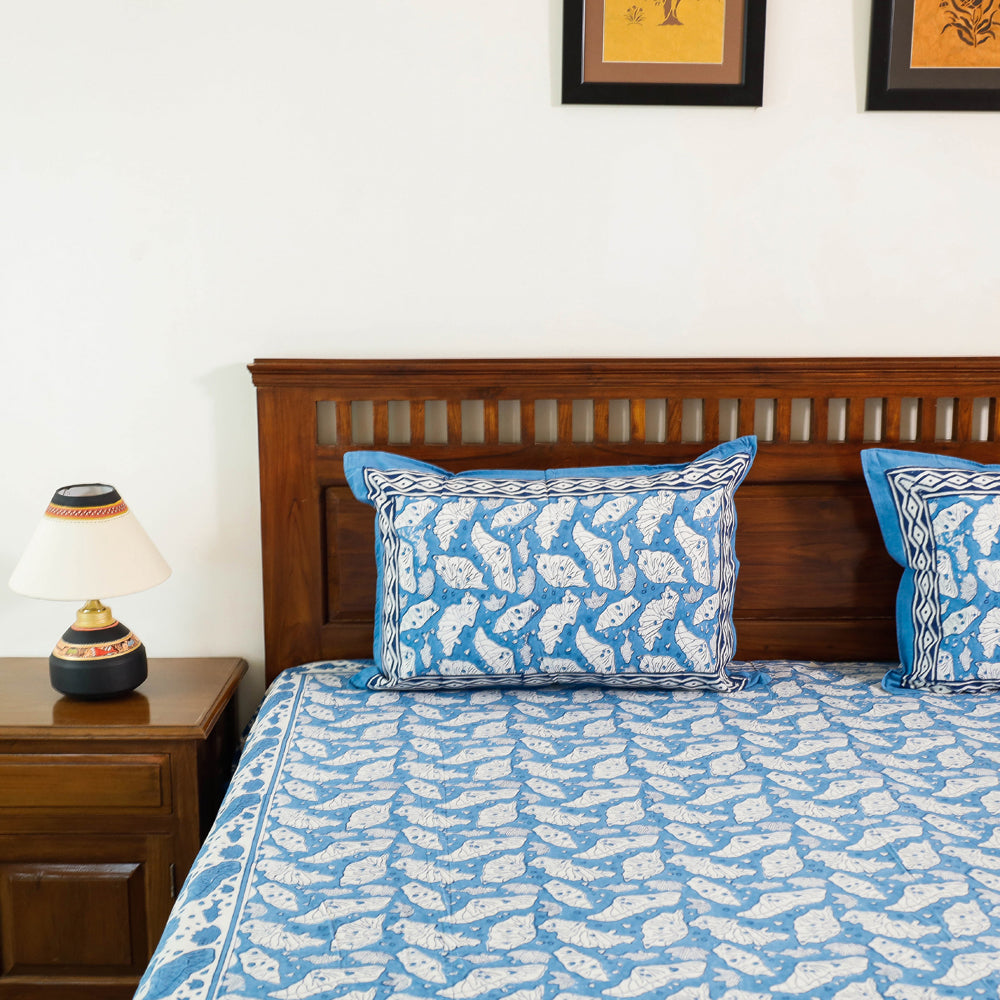 Blue - Block Print Cotton Double Sanganeri Bed Sheet