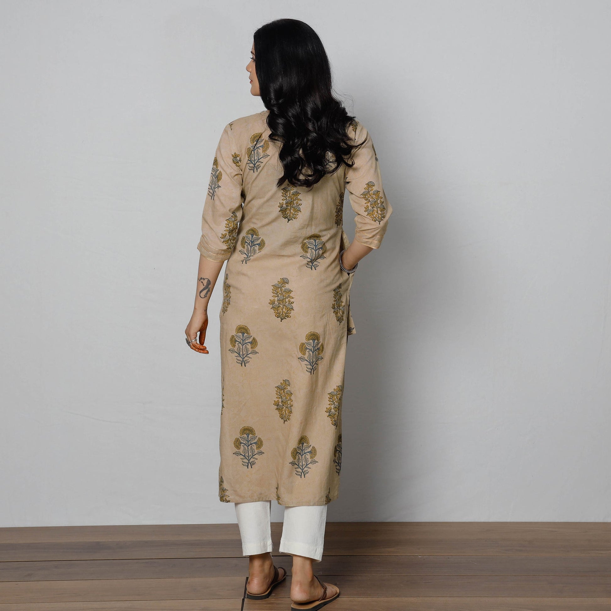 Beige - Sanganeri Block Printed Cotton Long Straight Kurta