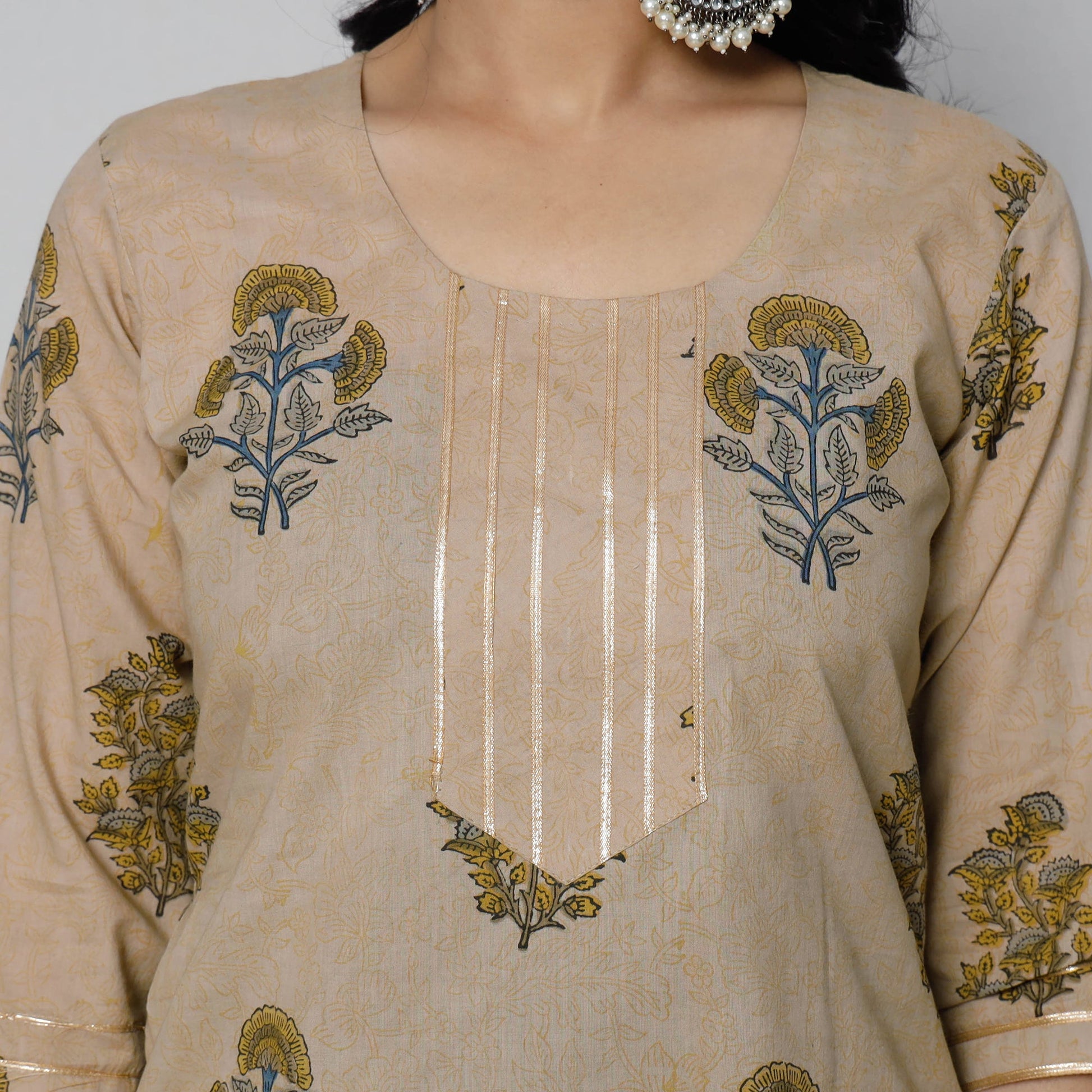 Beige - Sanganeri Block Printed Cotton Long Straight Kurta
