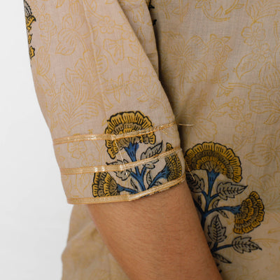 Beige - Sanganeri Block Printed Cotton Long Straight Kurta