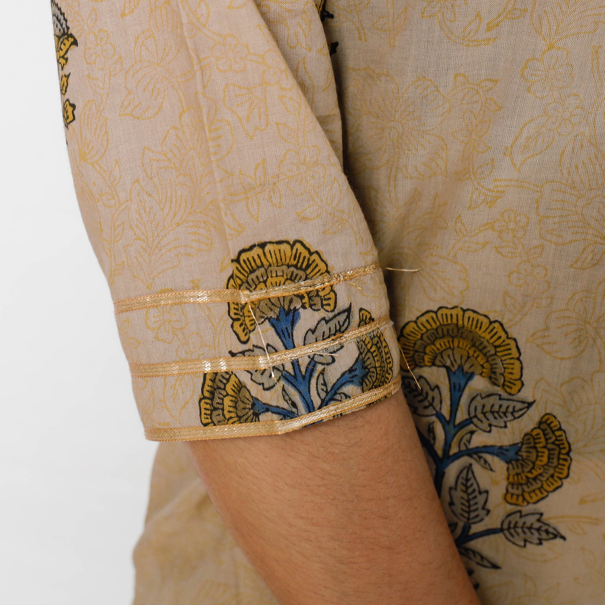 Beige - Sanganeri Block Printed Cotton Long Straight Kurta