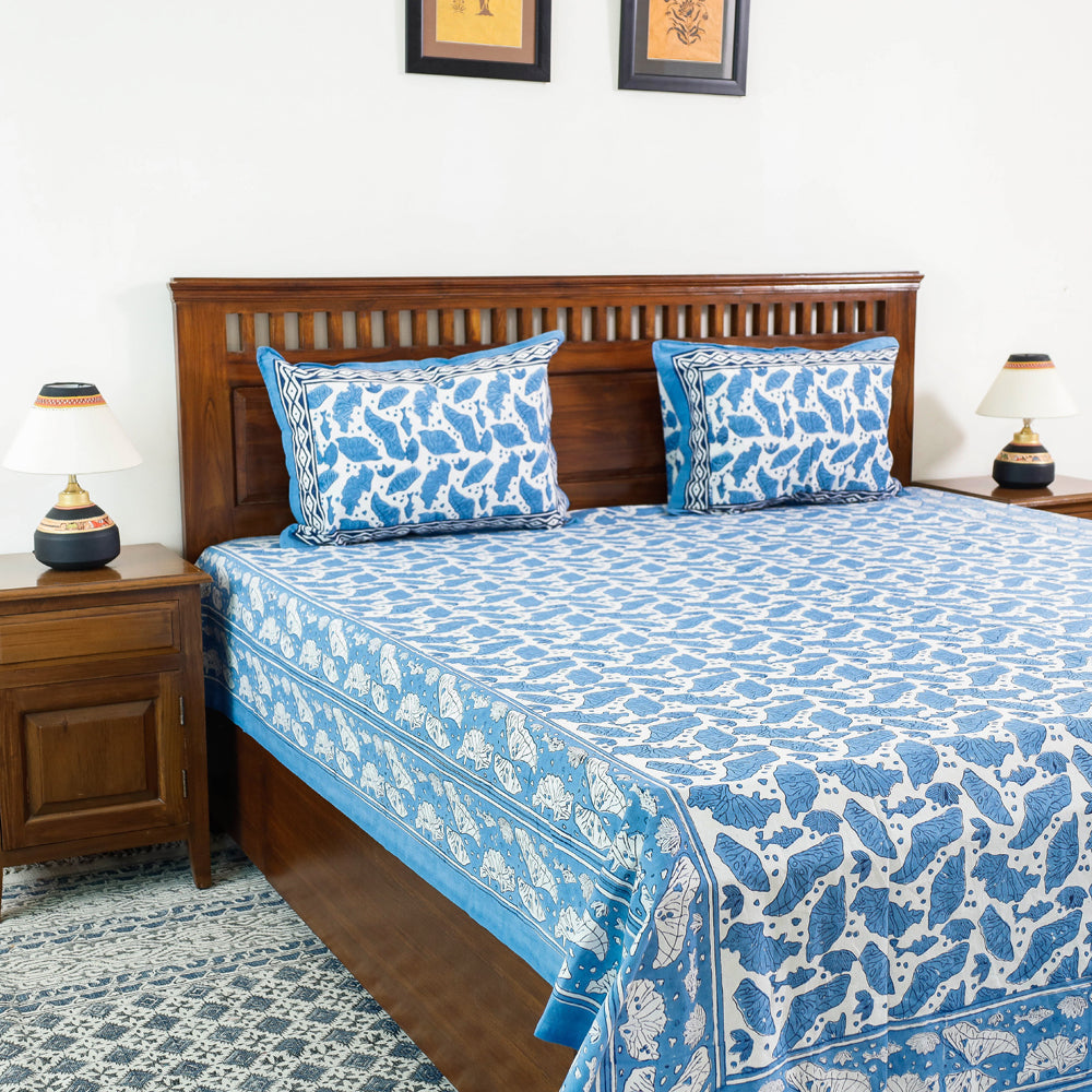 Blue - Block Print Cotton Double Sanganeri Bed Sheet