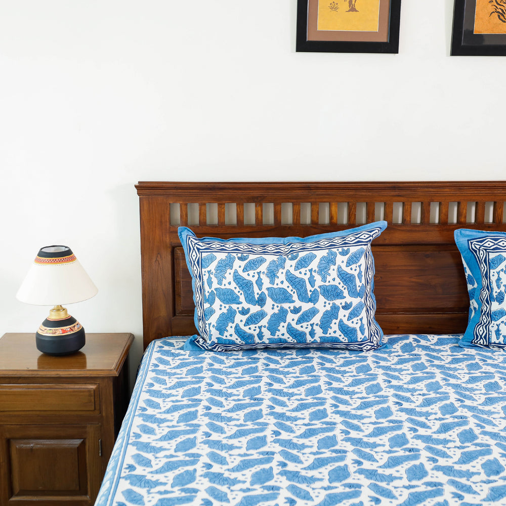 Blue - Block Print Cotton Double Sanganeri Bed Sheet