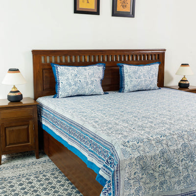 Blue - Block Print Cotton Double Sanganeri Bed Sheet