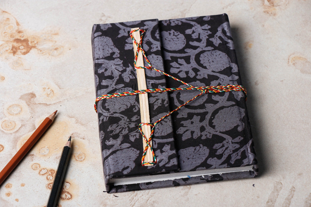 Black - Fabric Cover Handmade Paper Notebook with Thread Lock