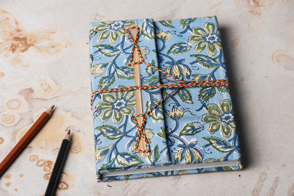Blue - Fabric Cover Handmade Paper Notebook with Thread Lock