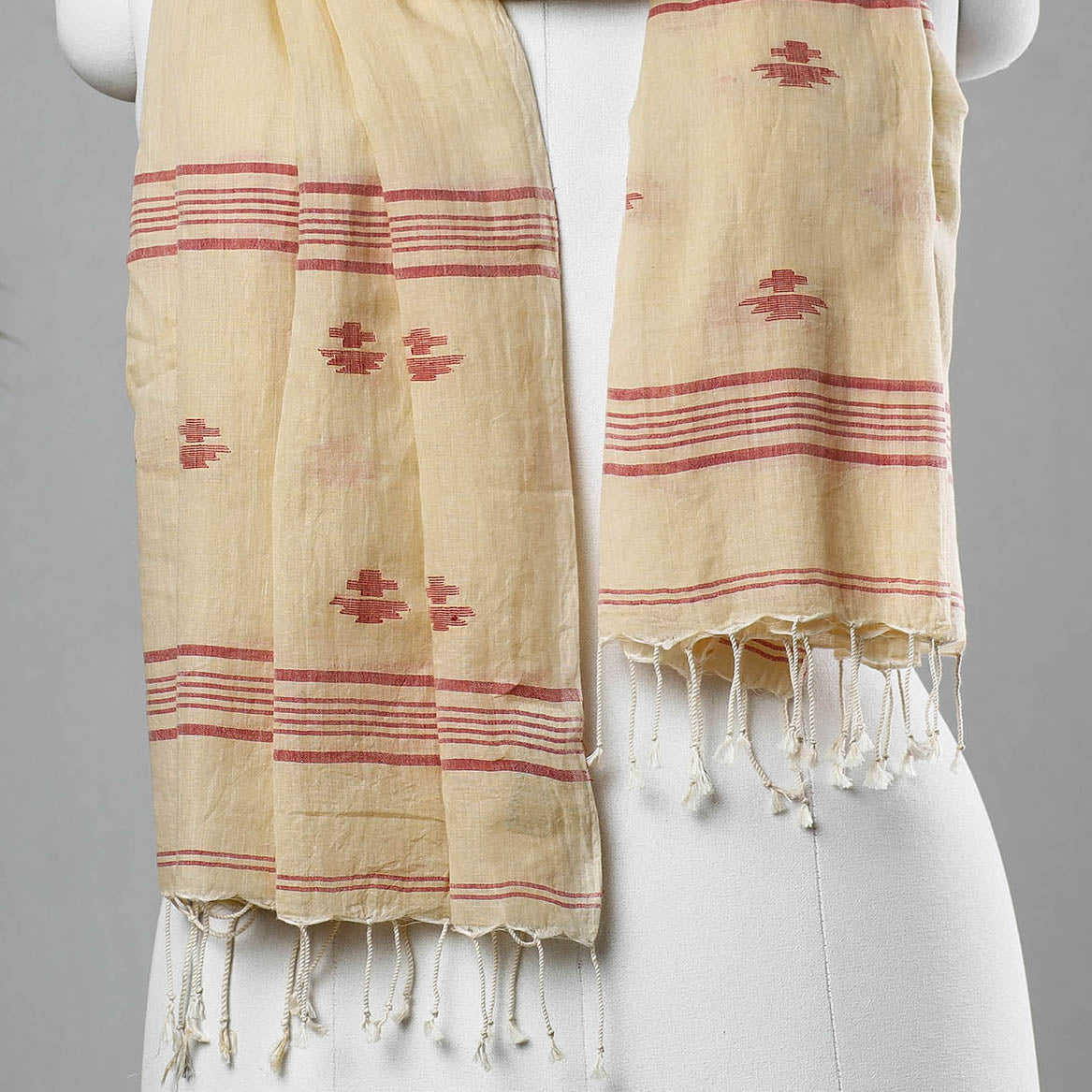 Beige - Burdwan Jamdani Buti Handloom Cotton Stole with Tassels