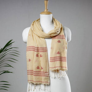 Beige - Burdwan Jamdani Buti Handloom Cotton Stole with Tassels