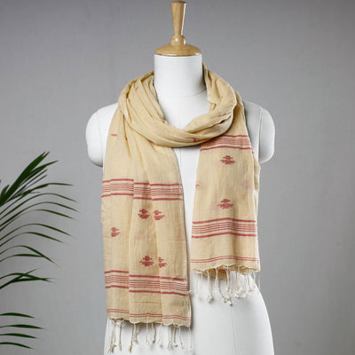 Beige - Burdwan Jamdani Buti Handloom Cotton Stole with Tassels