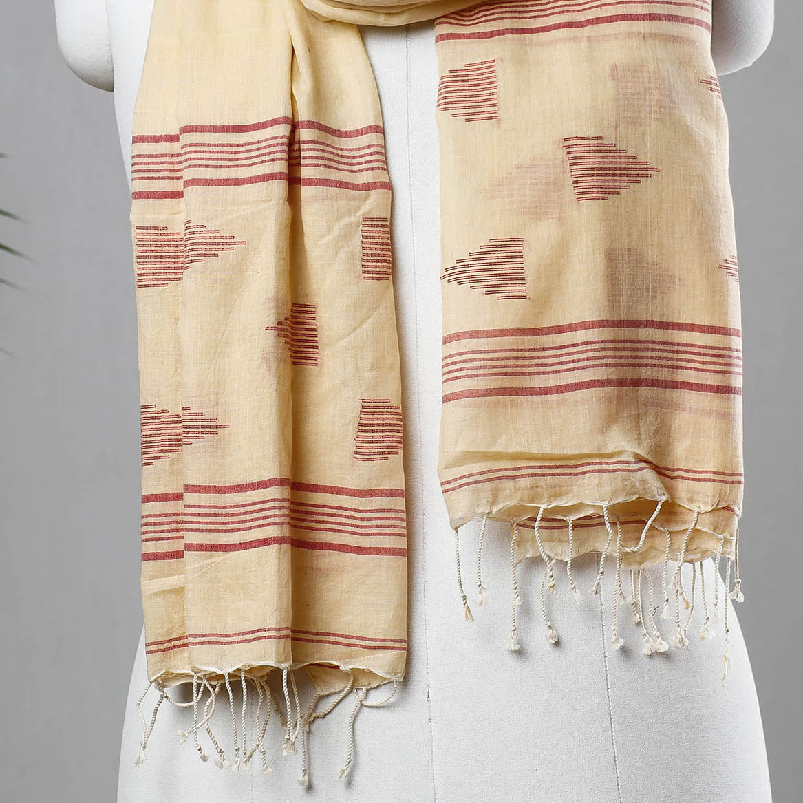 Beige - Burdwan Jamdani Buti Handloom Cotton Stole with Tassels