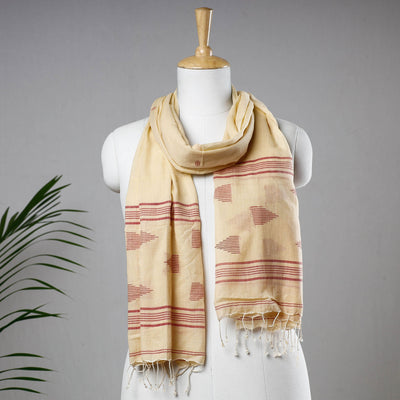 Beige - Burdwan Jamdani Buti Handloom Cotton Stole with Tassels
