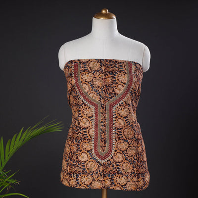 Brown - Embroidered Cotton Kalamkari Print Kurta Material (2.6m)