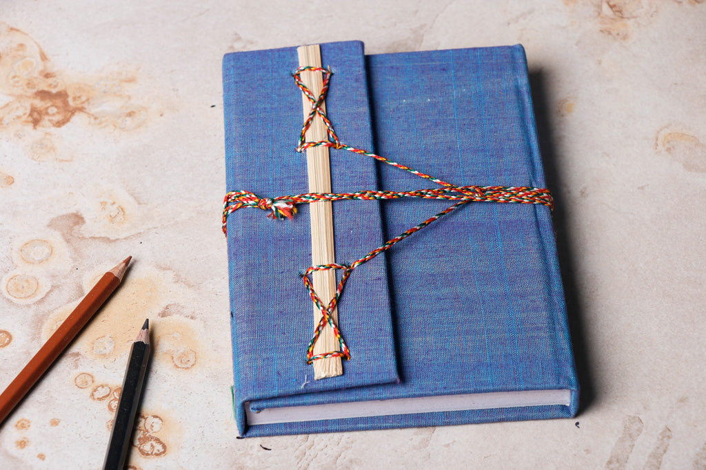 Blue - Fabric Cover Handmade Paper Notebook with Thread Lock