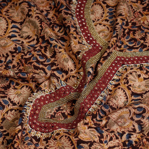 Brown - Embroidered Cotton Kalamkari Print Kurta Material (2.6m)
