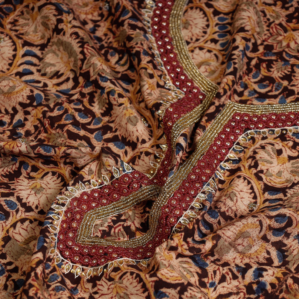 Brown - Embroidered Cotton Kalamkari Print Kurta Material (2.6m)