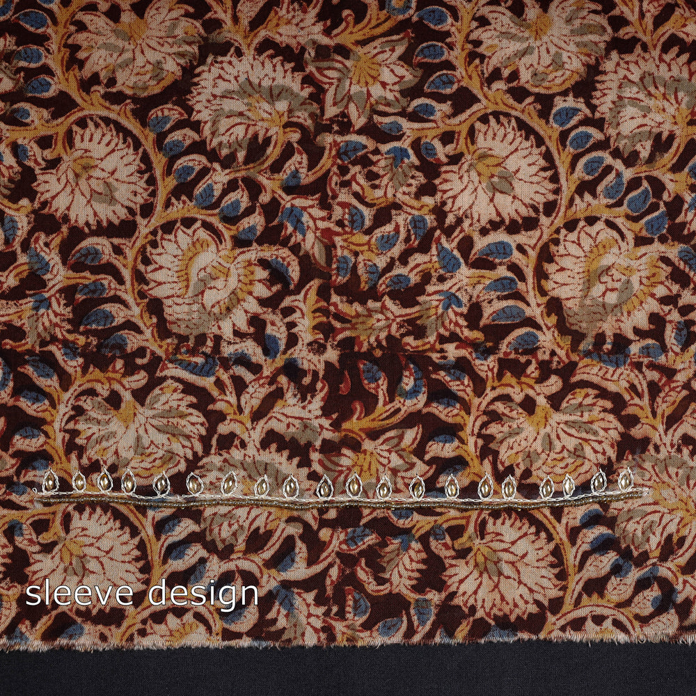 Brown - Embroidered Cotton Kalamkari Print Kurta Material (2.6m)