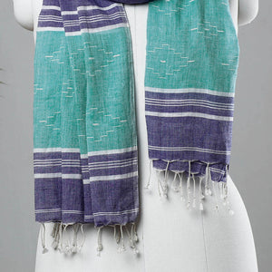 Blue - Burdwan Jamdani Buti Handloom Cotton Stole with Tassels