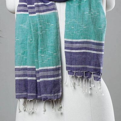 Blue - Burdwan Jamdani Buti Handloom Cotton Stole with Tassels