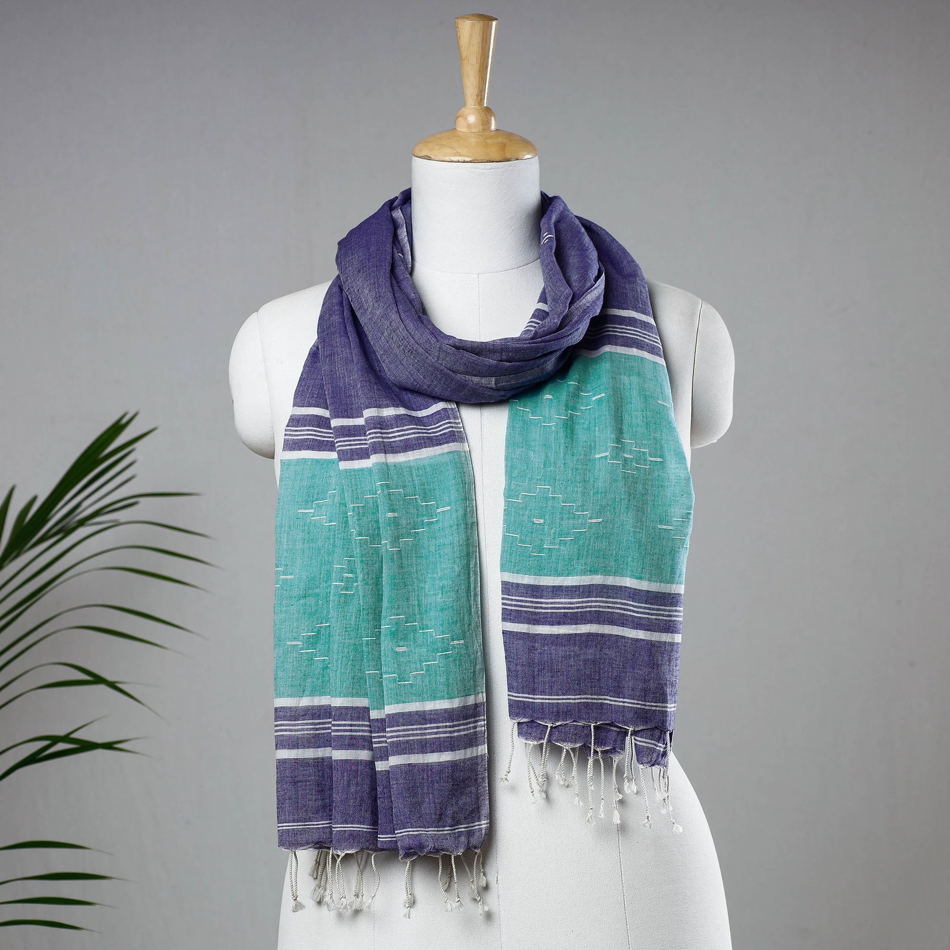 Blue - Burdwan Jamdani Buti Handloom Cotton Stole with Tassels