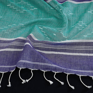 Blue - Burdwan Jamdani Buti Handloom Cotton Stole with Tassels