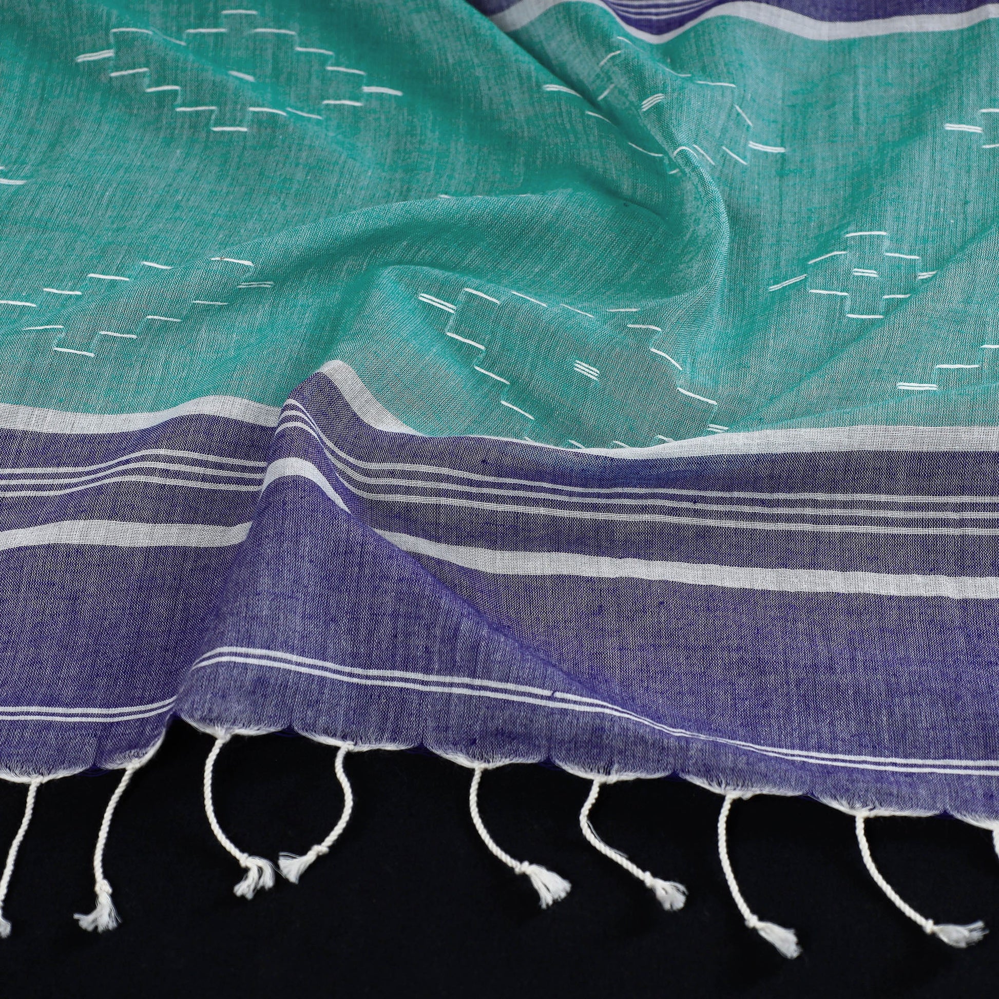 Blue - Burdwan Jamdani Buti Handloom Cotton Stole with Tassels