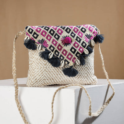 Beige - Phulkari Hand Embroidered Jute Sling Bag