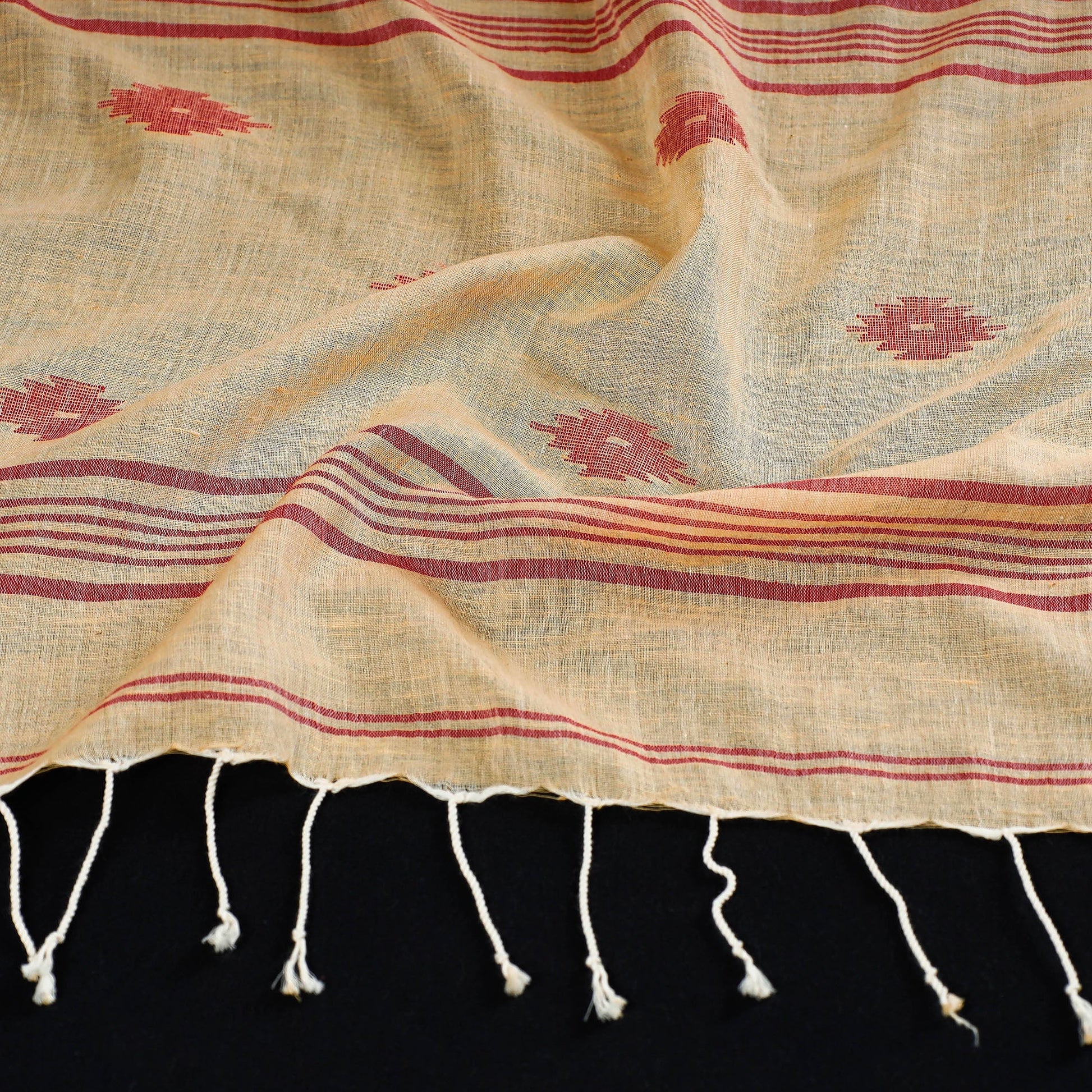 Beige - Burdwan Jamdani Buti Handloom Cotton Stole with Tassels
