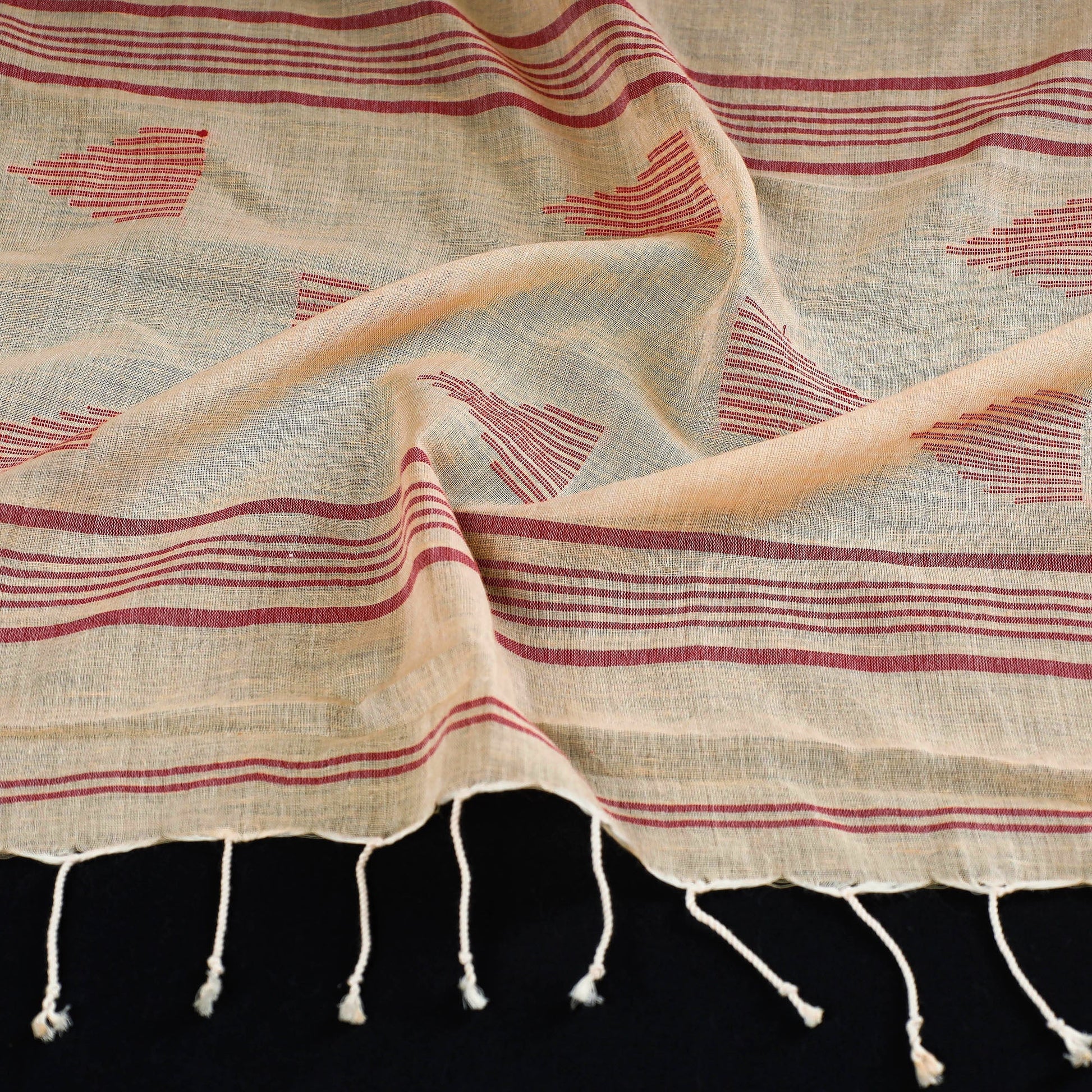 Beige - Burdwan Jamdani Buti Handloom Cotton Stole with Tassels